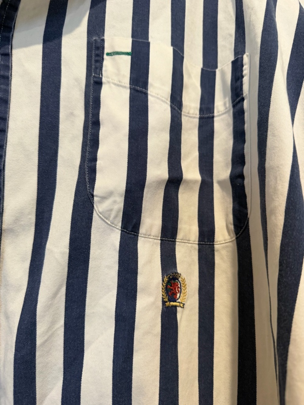 Vintage 90s Tommy Hilfiger Men’s Navy & White Vertical Stripe Button-Down Shirt - Picture 2 of 8